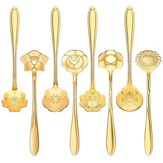Fako Bijoux - Bloemen Lepels Set - Theelepel / Koffielepel - 12cm - Goud - 8 Stuks