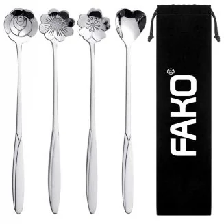 Fako Bijoux - 4 Lange Lepels Bloem Motief - Latte Macchiato - Longdrink - Cocktail - Dessert - IJs - Koffie - Zilver - 4 Stuks - Bewaarzakje