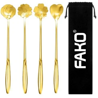 Fako Bijoux - 4 Lange Lepels Bloem Motief - Latte Macchiato - Longdrink - Cocktail - Dessert - IJs - Koffie - Goud - 4 Stuks - Bewaarzakje
