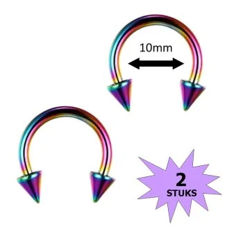 Fako Bijoux - Circular Barbell Piercing - Hoefijzer Spike - 10mm - Multicolour - 2 Stuks