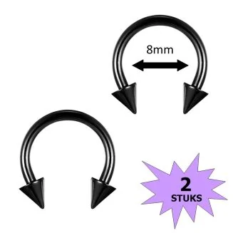Fako Bijoux - Circular Barbell Piercing - Hoefijzer Spike - 8mm - Zwart - 2 Stuks