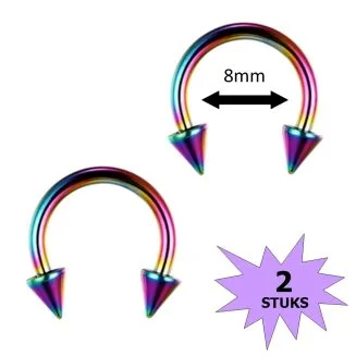 Fako Bijoux - Circular Barbell Piercing - Hoefijzer Spike - 8mm - Multicolour - 2 Stuks