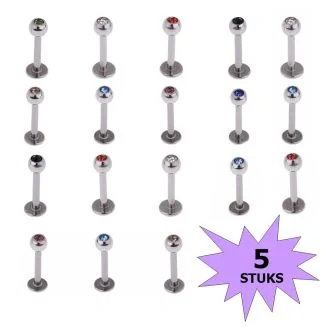 Fako Bijoux - Labret Piercing - Kristal - 3mm - Set - 5 Stuks