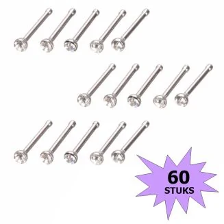 Fako Bijoux - Neuspiercing - Staafje Kristal - 1.8mm - Wit - 60 Stuks