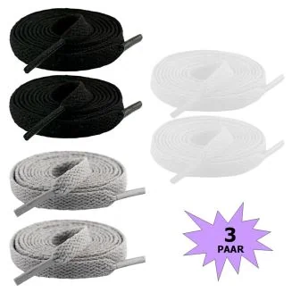 Fako Fashion - Schoenveters - Plat - 8mm - 120cm - 3 Paar - 6 Stuks - Grijs, Wit & Zwart