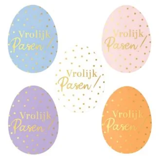 60x Sticker Vrolijk Pasen! - Pastel & Goudfolie - Paasdagen - Paaseitjes - Sluitsticker - Feeststicker - Wensetiket Pasen - Traktatie Sticker - Trakteren - 34x45mm - 60 Stuks