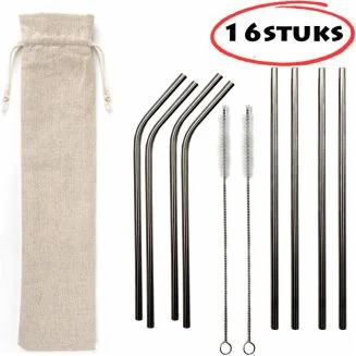 Fako Bijoux - RVS rietjes Set - Herbruikbaar - Herbruikbaar en Duurzaam - Inclusief 2 Borsteltjes - Recht & Gebogen - 16 Stuks