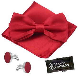 Fako Fashion - Vlinderstrik, Pochette & Manchetknopen - Vlinderdas - Strikje - Pochet - Donkerrood