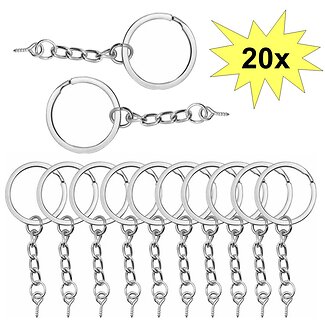 Fako Bijoux - Sleutelringen Met Schroefje - Sleutelhanger Ringen - Splitringen Met Ketting - RVS - Plat - 30 mm - 20 Stuks
