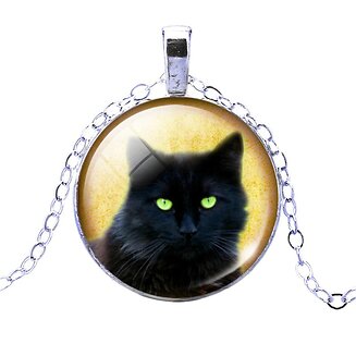 Fako Bijoux - Ketting - Cabochon - Kat - Zwart/Geel