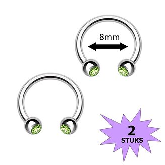 Fako Bijoux - Circular Barbell Piercing - Hoefijzer Kristal Duo - 8mm - Groen - 2 Stuks