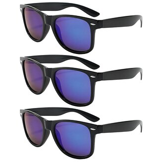 Fako Fashion - 3x Heren Zonnebril - Dames Zonnebril - Classic - UV400 - Zwart - Blauw/Groene Spiegelglazen - 3 Stuks