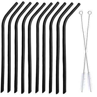 Fako Bijoux - Siliconen Rietjes - Herbruikbaar - 25cm - 8mm - 10 Stuks + 2 Schoonmaakborstels - Gebogen - Zwart