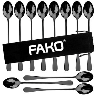 Fako Bijoux - 12 Lange Lepels - Latte Macchiato - Longdrink - Cocktail - Dessert - IJs - Koffie - Zwart - 12 Stuks - Bewaarzakje