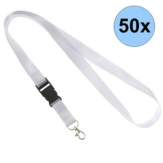 Fako Bijoux - Keycord Classic - Lanyard - Sleutelkoord - Badgehouder - 51cm - 20mm - Wit - 50 Stuks