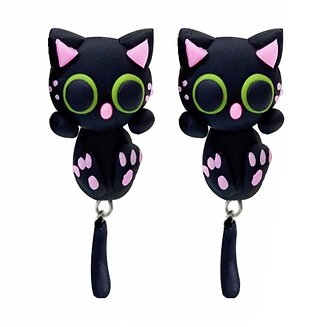 Fako Bijoux - Oorbellen - Dansende Kat - Zwart/Roze