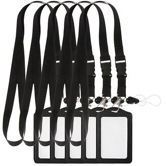 Fako Bijoux - 5x Zwart Keycord + Badgehouder Kunstleer - Sleutelkoord - Badgehouder Verticaal - 51cm - 20mm - Zwart