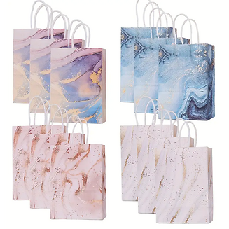 Fako Bijoux - 12 Papieren Uitdeeltasjes Marmer - 15x8x21cm - Stevig Papier - Traktatie Zakjes - Papieren Tasjes - Cadeau Zakjes - Uitdeelzakjes - 6 Verschillende Motieven - Kraftpapier - 12 Stuks