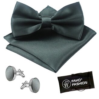 Fako Fashion - Vlinderstrik, Pochette & Manchetknopen - Vlinderdas - Strikje - Pochet - Donkergrijs