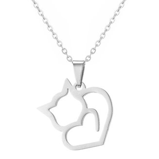 Fako Bijoux - Ketting Met Hanger - Stainless Steel - RVS - Staal - Poes In Hartvorm - Zilverkleurig