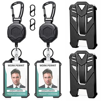 Fako Bijoux - 2x Robuuste Uittrekbare Sleutelhanger Met Koord En Kaarthouder Panter - Met Karabijnhaak En Badgehouder - Hexagon - 80 cm  Stalen Koord - Veilige Sleutelhanger - ID-Haspel Voor Werk En Evenementen - 2 Stuks