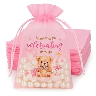 Fako Bijoux - Organza Zakjes Met Print - Thank You For Celebrating With Us - 10x15 cm - Baby - Geboorte - Babyshower - Roze - 20 Stuks
