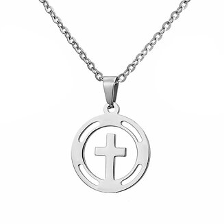 Fako Bijoux - Ketting Met Kruisje In Ring - Stainless Steel - RVS - Staal - Zilverkleurig 