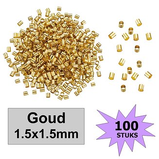 Fako Bijoux - Knijpkralen - Crimp Beads - Metaal - Tube - 1.5x1.5mm - 100 Stuks - Goudkleurig