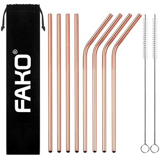 Fako Bijoux - RVS Rietjes - 8 Stuks - Recht & Gebogen - 21 cm - 2 Schoonmaakborsteltjes - Rosé Goudkleurig
