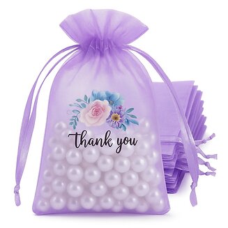 Fako Bijoux - Organza Zakjes Met Print - Thank You Bloemen - 10x15 cm - Paars - 20 Stuks