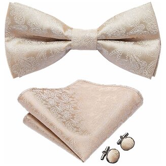 Fako Fashion - Vlinderstrik, Pochette & Manchetknopen - Vlinderdas - Strikje - Pochet - Paisley Beige
