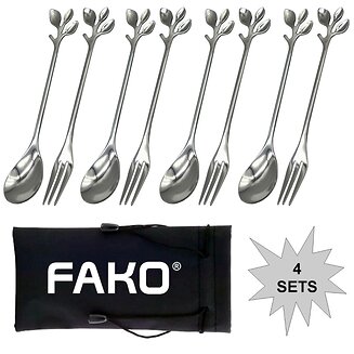 Fako Bijoux - Gebak Bestek - Dessert Bestek - Blaadjes - Zilverkleurig - 4 Sets