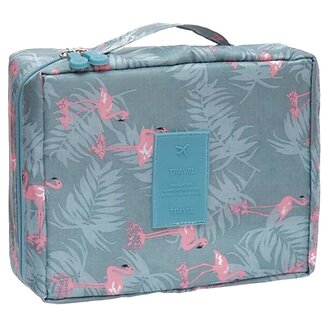 Fako Fashion - Make Up Tasje Rechthoek - Cosmetica Organizer - Toilettas - 21x16x8cm - Flamingo Blauw/Grijs