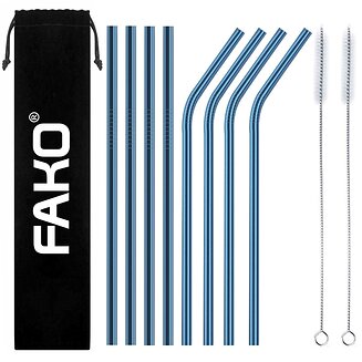 Fako Bijoux - RVS Rietjes - 8 Stuks - Recht & Gebogen - 21 cm - 2 Schoonmaakborsteltjes - Blauw