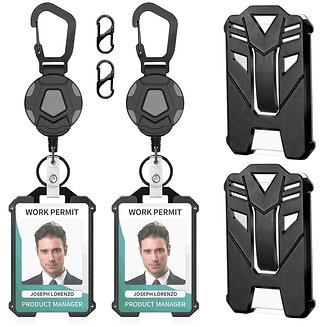 Fako Bijoux - 2x Robuuste Uittrekbare Sleutelhanger Met Koord En Kaarthouder Panter - Met Karabijnhaak En Badgehouder - Pentagoon Duo - 80 cm  Stalen Koord - Veilige Sleutelhanger - ID-Haspel Voor Werk En Evenementen - 2 Stuks