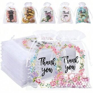 Fako Bijoux - Organza Zakjes Met Print - Thank You Bloemenkrans - 10x15 cm - Wit - 20 Stuks