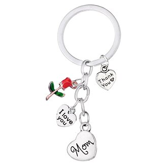Fako Bijoux - Sleutelhanger - Mom - I Love You - Thank You - Roos - Cadeau - Geschenk - Mama - Moederdag - Zilverkleurig