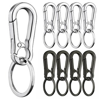 Fako Bijoux - Karabijnhaak Met Sleutelring - Karabijnsluiting - Musketon - Sleutelhanger - RVS - 70x25mm - Zilver & Zwart - 8 Stuks