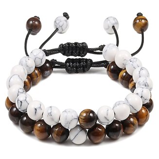 Fako Bijoux - Dubbele Kralen Armband - 8mm - Natuursteen Armband Koord - Howliet & Tijgeroog
