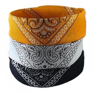 Fako Fashion - 3-Pack Paisley Bandana - Boeren Zakdoek - Hoofdband - Classic Paisley - Zwart, Wit & Goudgeel