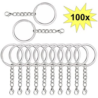 Fako Bijoux - Sleutelringen Met Karabijnsluiting - Sleutelhanger Ringen - Splitringen Met Ketting - RVS - Plat - 30 mm - 100 Stuks