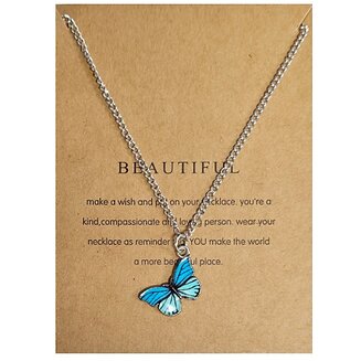 Fako Bijoux - Doe Een Wens - Vlinder Ketting - Make A Wish - Beautiful - Blauw - Ketting Inclusief Kaart Met Tekst - Zilverkleurig