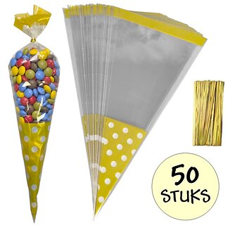 Fako Bijoux - 50x Cellofaan Puntzakken Gouden Stippen 37x18cm - Uitdeelzak - Traktatie Zak - Snoepzak - Inclusief Sluitstrips - 18x37cm - Goud - 50 Stuks