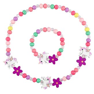 Fako Bijoux - Kinderketting en Armband - Hout - Eenhoorn & Bloemetjes Fuchsia