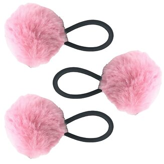 Fako Fashion - Haarelastiekjes Met Pompom - Ø 5cm - 4mm Dik - 3 Stuks - Roze