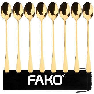 Fako Bijoux - 8 Lange Lepels - Latte Macchiato - Longdrink - Cocktail - Dessert - IJs - Koffie - Goud - 8 Stuks - Bewaarzakje