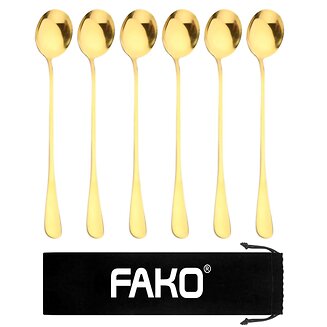Fako Bijoux - 6 Lange Ronde Lepels - Latte Macchiato - Dessertlepels - Sorbetlepels - IJslepels - Theelepels - 18.5cm - Goud