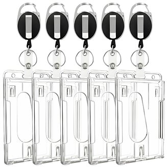 Fako Bijoux - 5x Badgehouder Met Trekkoord - Uittrekbare Sleutelhanger - Clip Pashouder Met Koord - Kaarthouder PCH Verticaal - Transparant - 5 Stuks