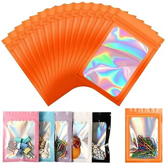 Fako Bijoux - 50 Oranje Holografische Folie Zip Lock Zakjes - Mylar Zakken - 8x13cm - Uitdeelzakjes - Transparant - Snoepzakjes - Cadeauzakjes - 50 Stuks