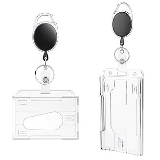 Fako Bijoux - 2x Badgehouder Met Trekkoord - 2 Stuks Met Clip & Sleutelring - Uittrekbare Sleutelhanger - Kunststof Pashouder Met Koord - Zwart
